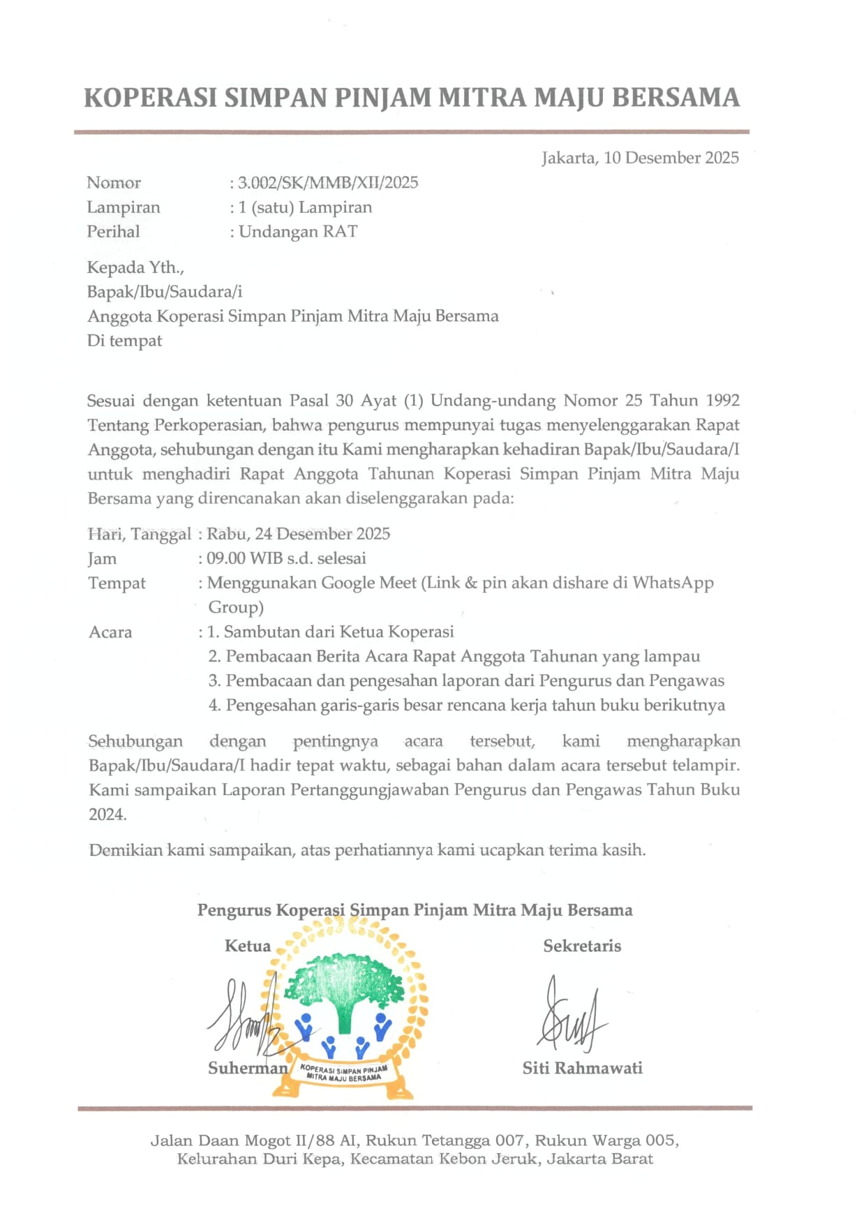 Surat undangan resmi Rapat Anggota Tahunan KSP Mitra Maju Bersama 2024