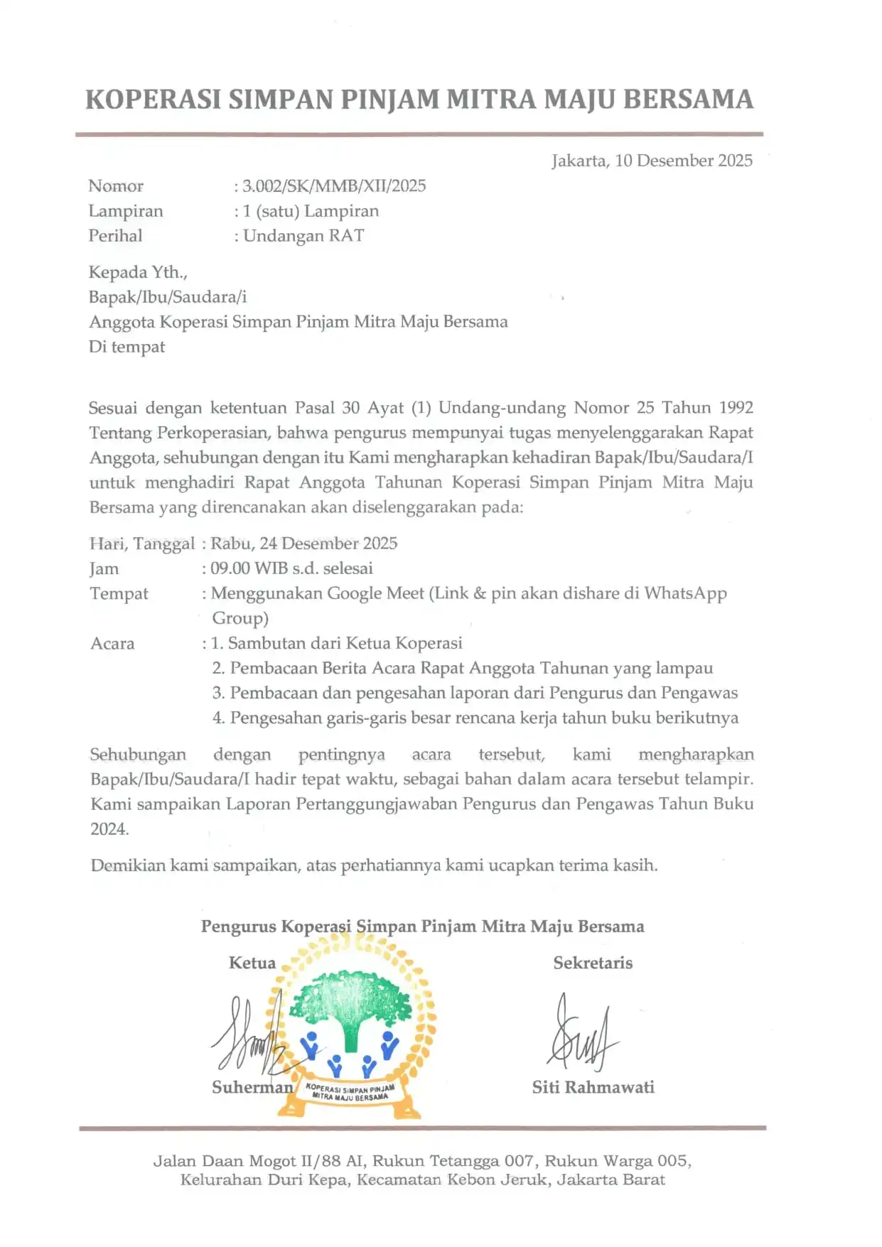 Surat undangan resmi Rapat Anggota Tahunan KSP Mitra Maju Bersama 2024