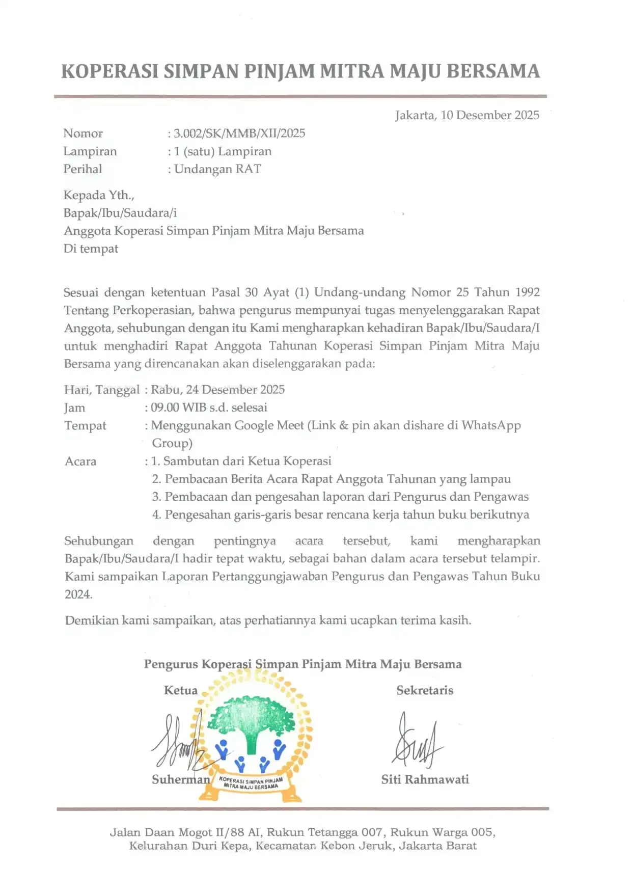Surat undangan resmi Rapat Anggota Tahunan KSP Mitra Maju Bersama 2024